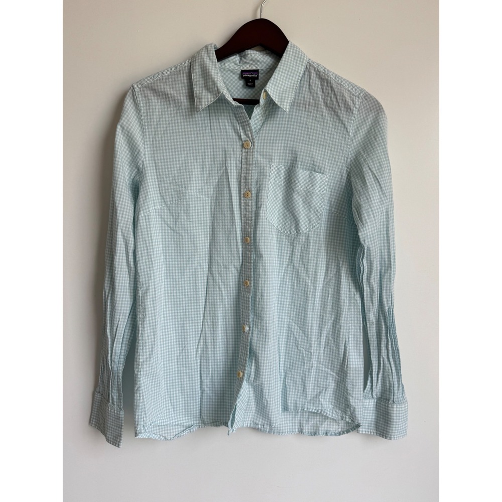 Patagonia Womens Organic Cotton Gingham Button Down‎ Shirt Blue White 4 gorpcore